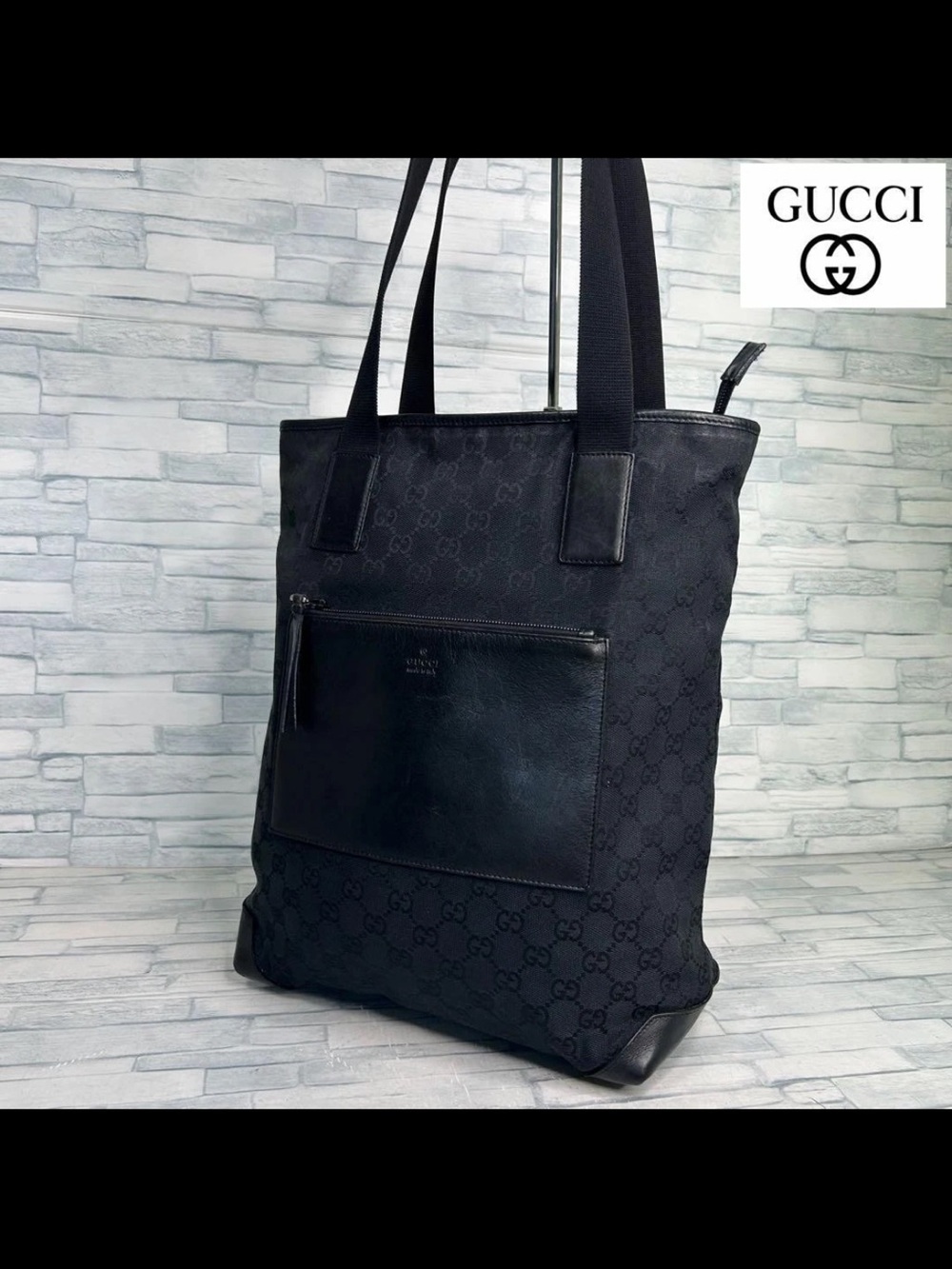 Gucci Black GG Canvas Leather Trim Tote